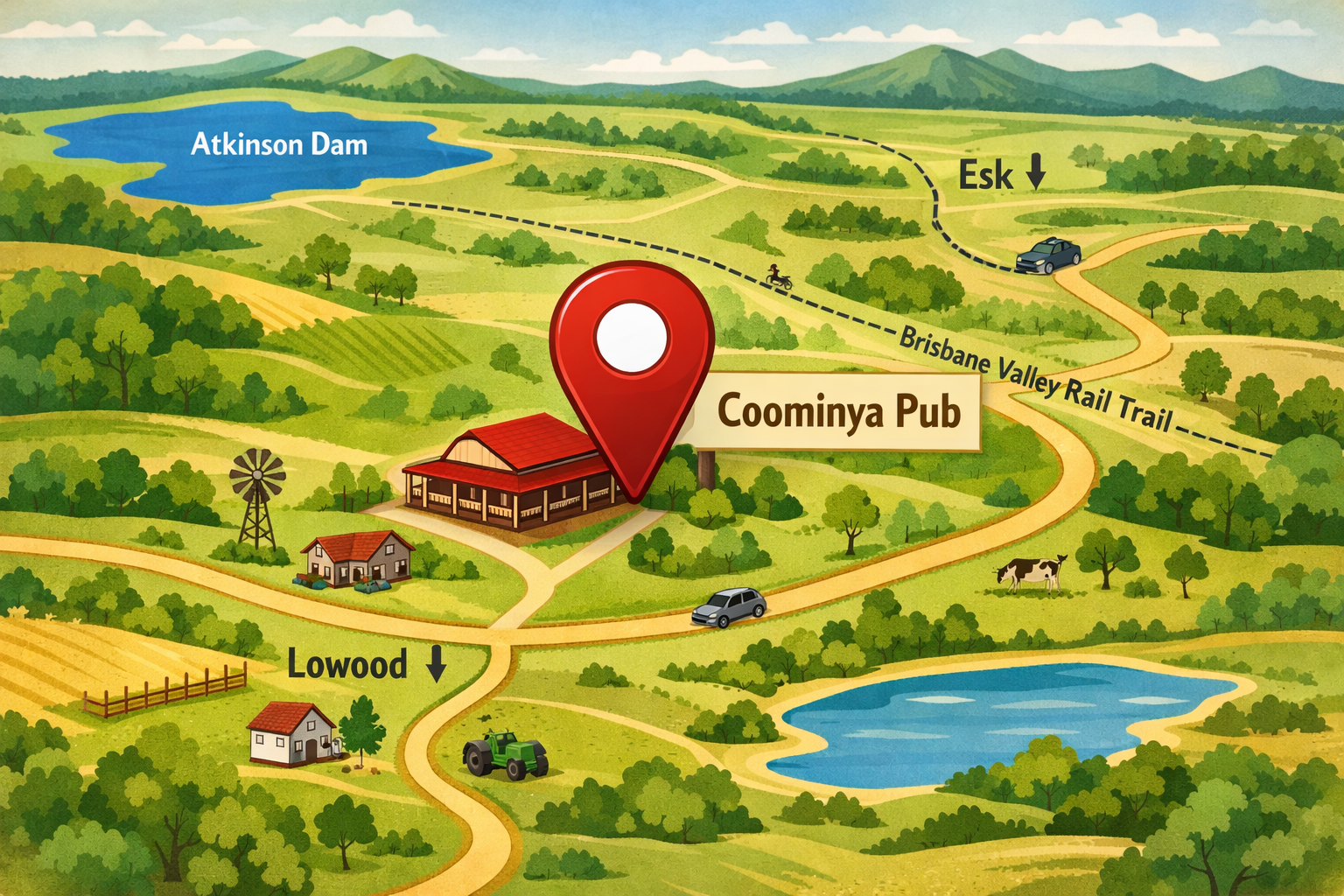 Illustrated map showing the location of Coominya Pub in Queensland